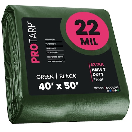 Protarp Heavy Duty Tarp, 40 ft x 50 ft, 22 Mil, Green/Black, Polyethylene PT-203-40X50